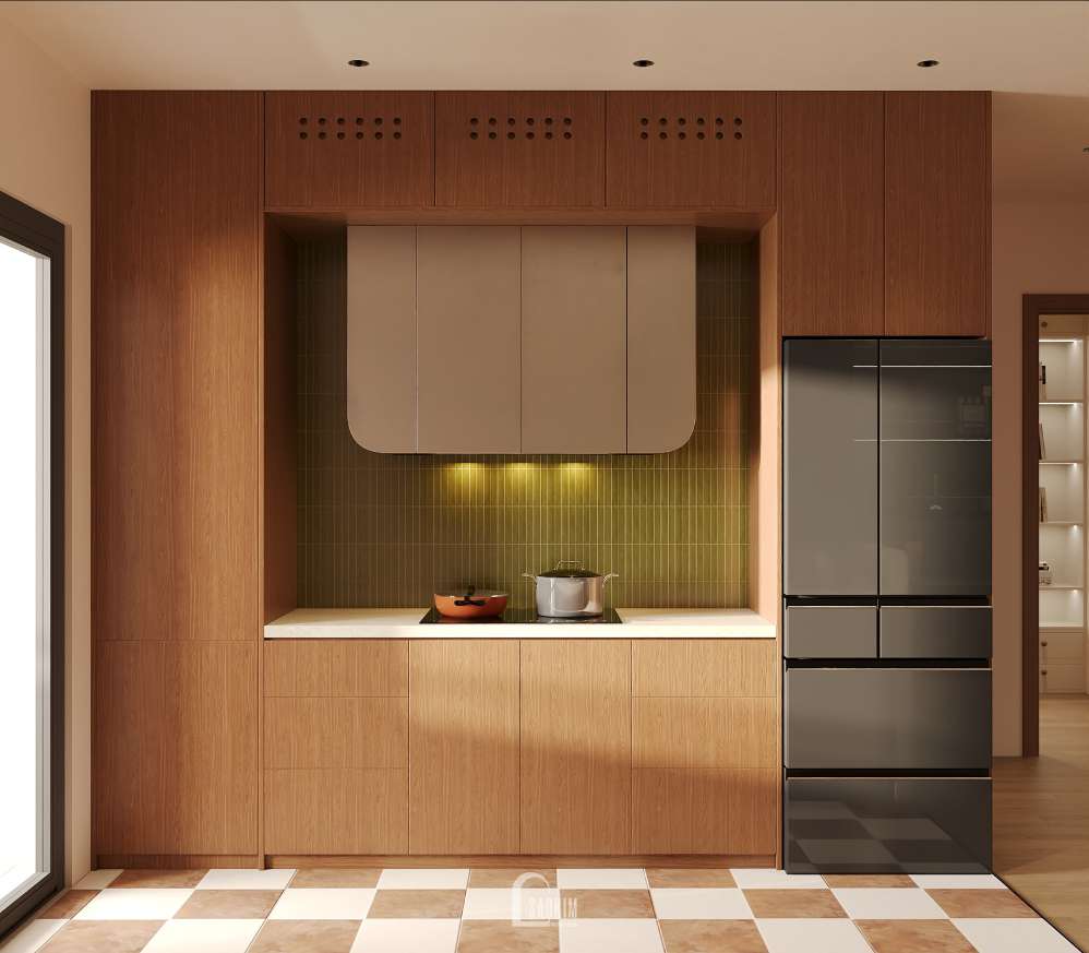 Phòng bếp với hệ tủ bếp vuông vức trong thiết kế chung cư 3 ngủ Viha Complex Leciva